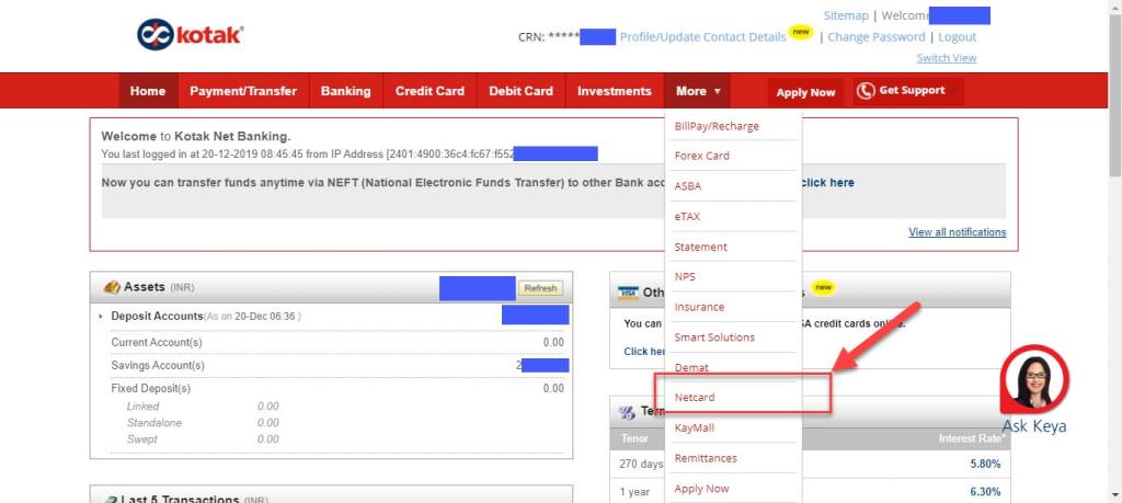 kotak netbanking dashboard